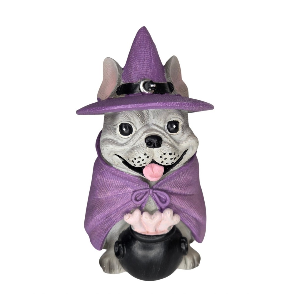 Halloween French Bulldog Witch Figurine Purple Hat Cape Cauldron Decor